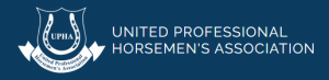 A photo of a blue box with white writing for United Professional Horsemen's Association with a horseshoe next to it