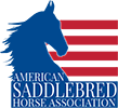 A photo of a blue horse with red stripes in the background for American Saddlebred Horse Association logo