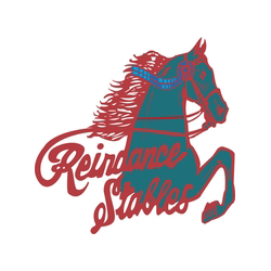 A photo of the blue,teal and red reindance stables logo with a teal horse and red writing